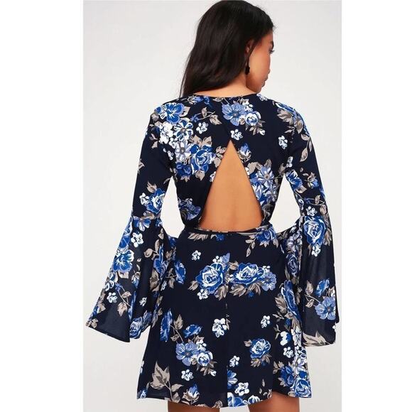 Lulus Once and Floral Navy Blue Floral Print Bell Sleeve Wrap Dress - Picture 6 of 7
